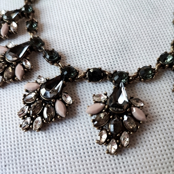 J. Crew Signed Oxidized Brass Art Deco Reproduction Jeweled Necklace - Picture 10 of 12